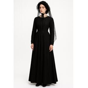 1900 Edwardian Black Mourning Dress Set w/ Brooch, Hat & Underskirt XS